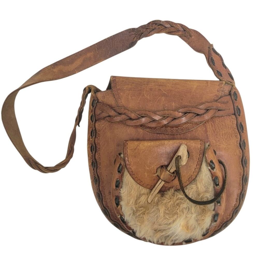 Vintage 1970s Tooled Leather Fur Trim Western Boho Shoulder Bag Artisan Chic